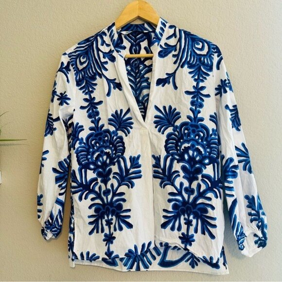 ZARA Blue White Printed Blouse Top Women’s Size Small | Lightweight Chic - Picture 7 of 14